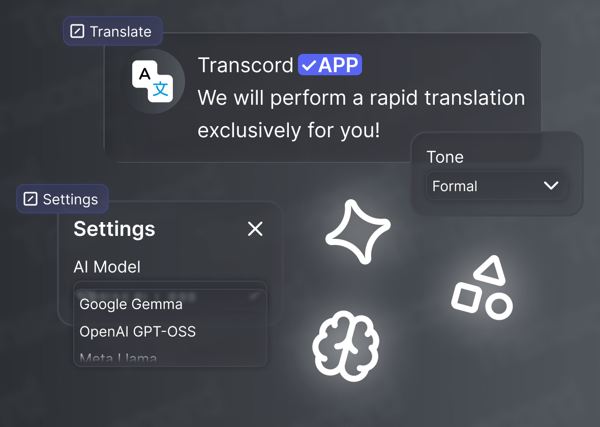 Transcord settings screen for customizing AI models and translation behavior